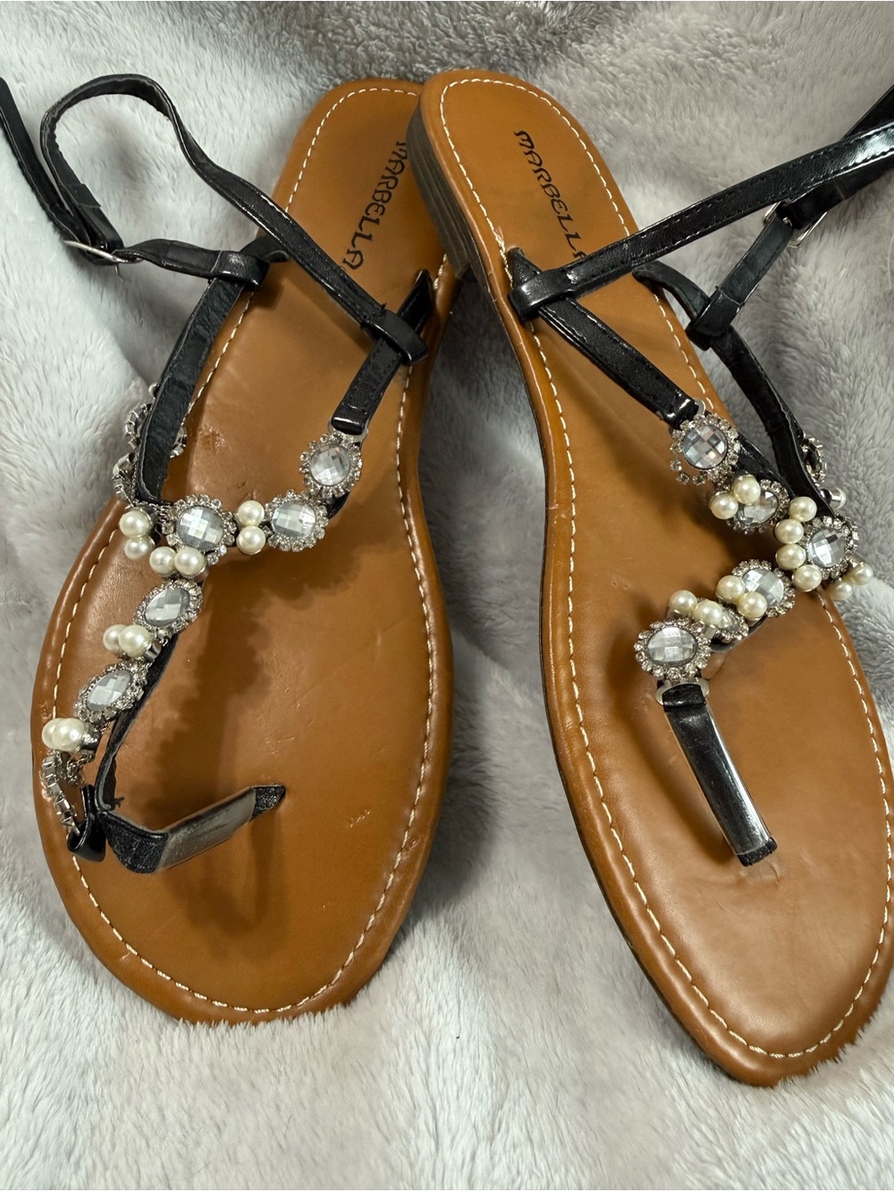 Beaded Black Leatherette T-Strap Sandals with Pearl & Crystal Accents